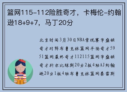篮网115-112险胜奇才，卡梅伦-约翰逊18+9+7，马丁20分